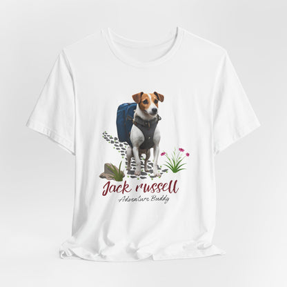 White Jack Russell Adventure Buddy graphic tee draped flat showing backpack dog design