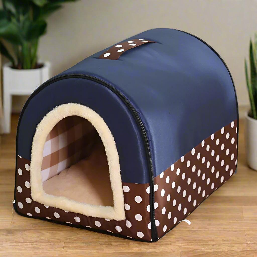 PoshPup DenHouse™ Brick Print with cat inside — small dog or cat sized dome kennel bed S and M