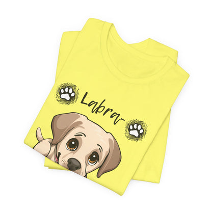 Labra-DORABLE Labrador puppy t-shirt in Yellow, folded view showing Labrador puppy print