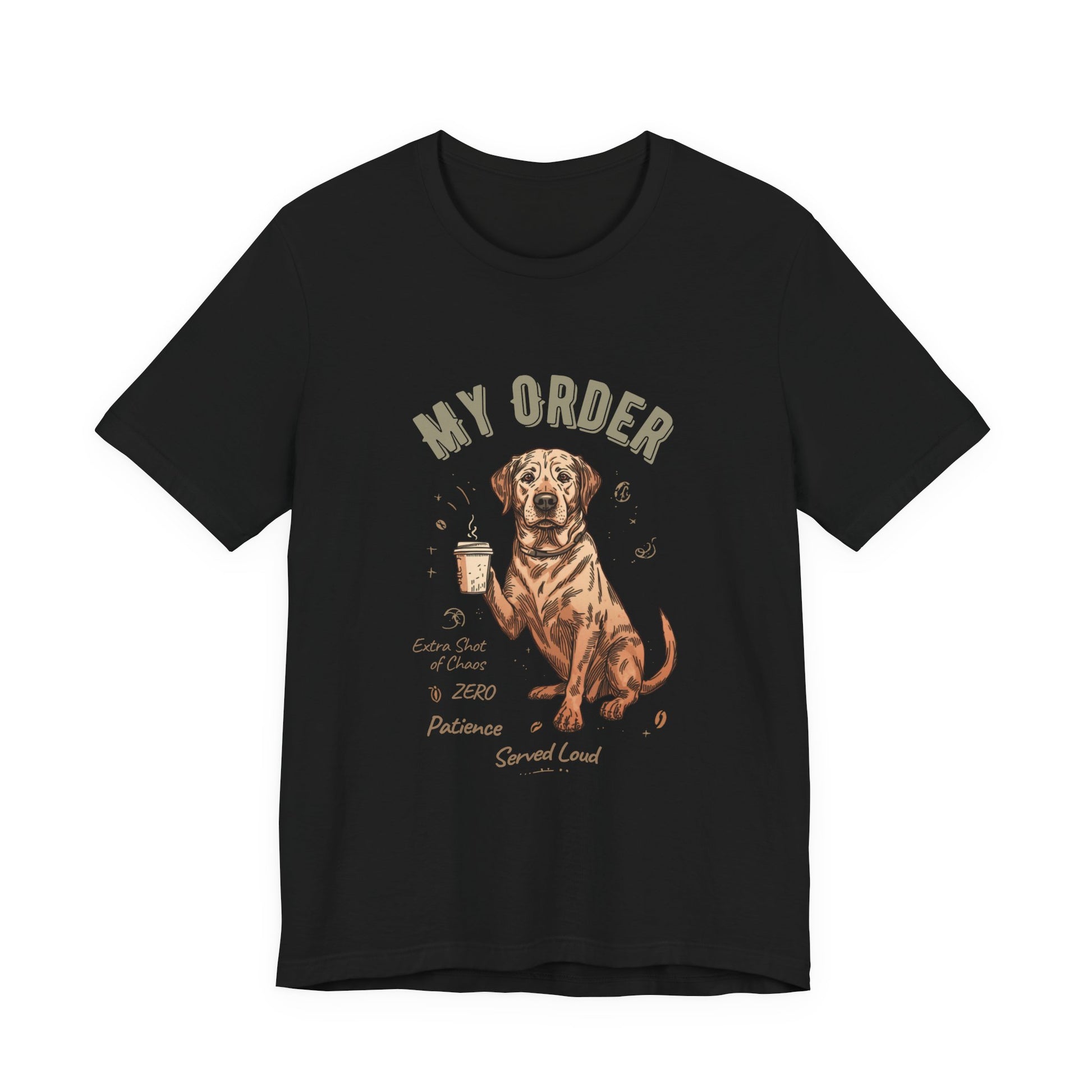 Labrador Café Order T-Shirt – Black – Flat Lay