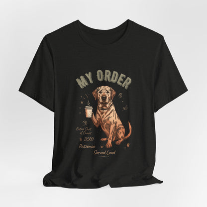 Labrador Café Order T-Shirt – Black Heather – Lifestyle View