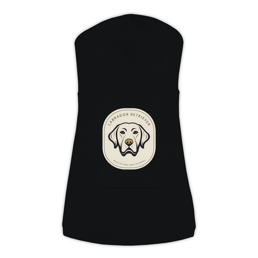 Labrador dog hoodie in Black — gold crest emblem print on cosy fleece pullover