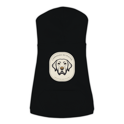 Labrador dog hoodie in Black — gold crest emblem print on cosy fleece pullover
