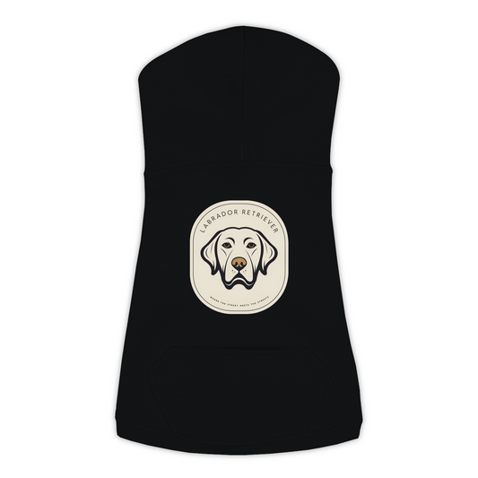 Labrador dog hoodie in Black — gold crest emblem print on cosy fleece pullover