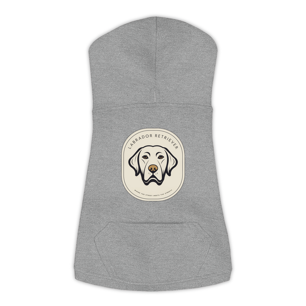 Labrador dog hoodie in Granite Heather — gold crest emblem print on cosy fleece pullover