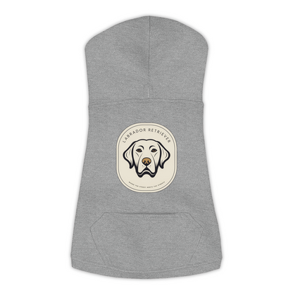 Labrador dog hoodie in Granite Heather — gold crest emblem print on cosy fleece pullover