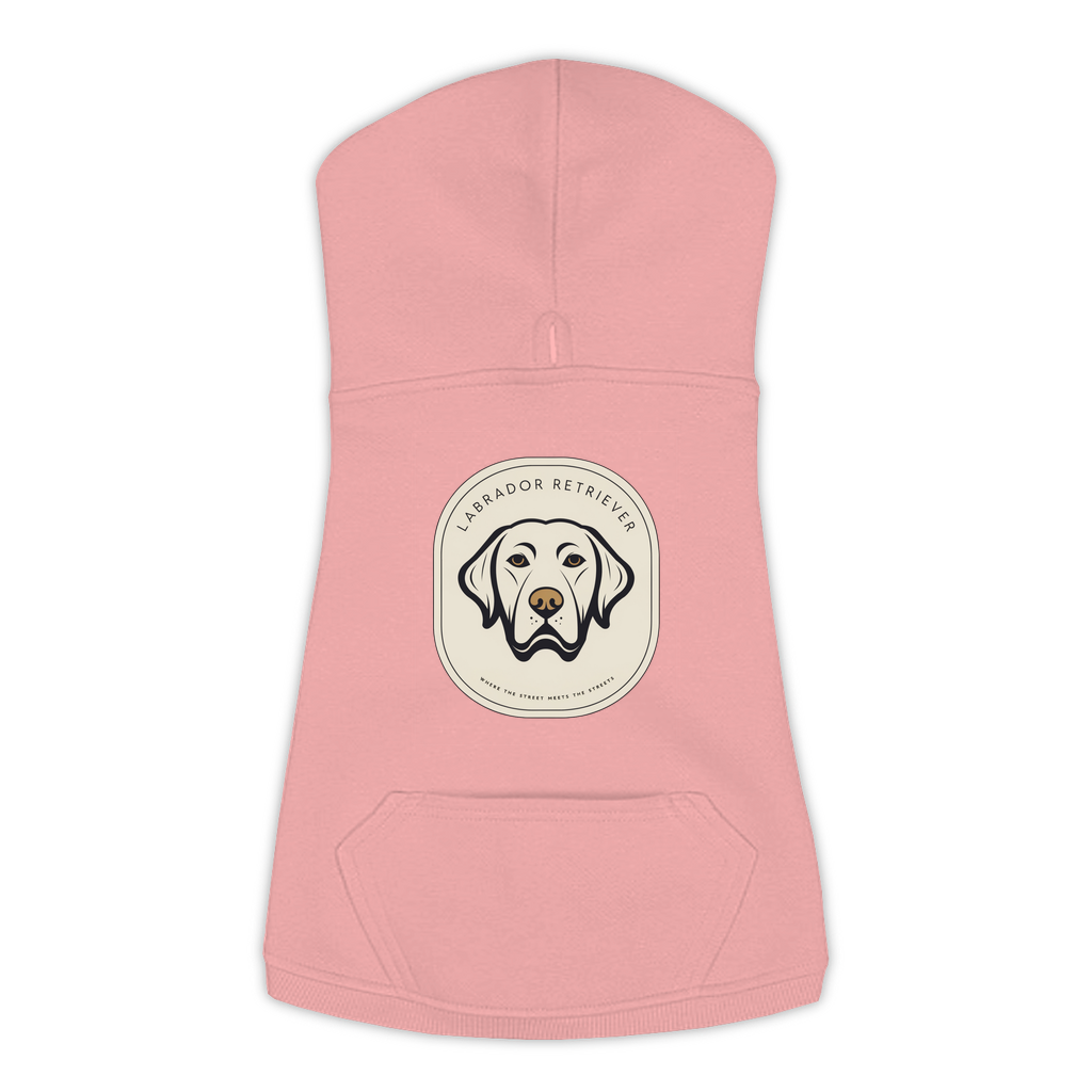 Labrador dog hoodie in Mauvelous — gold crest emblem print on cosy fleece pullover