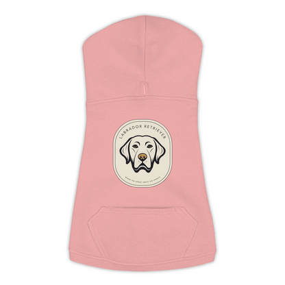 Labrador dog hoodie in Mauvelous — gold crest emblem print on cosy fleece pullover