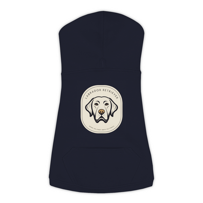 Labrador dog hoodie in Navy — gold crest emblem print on cosy fleece pullover
