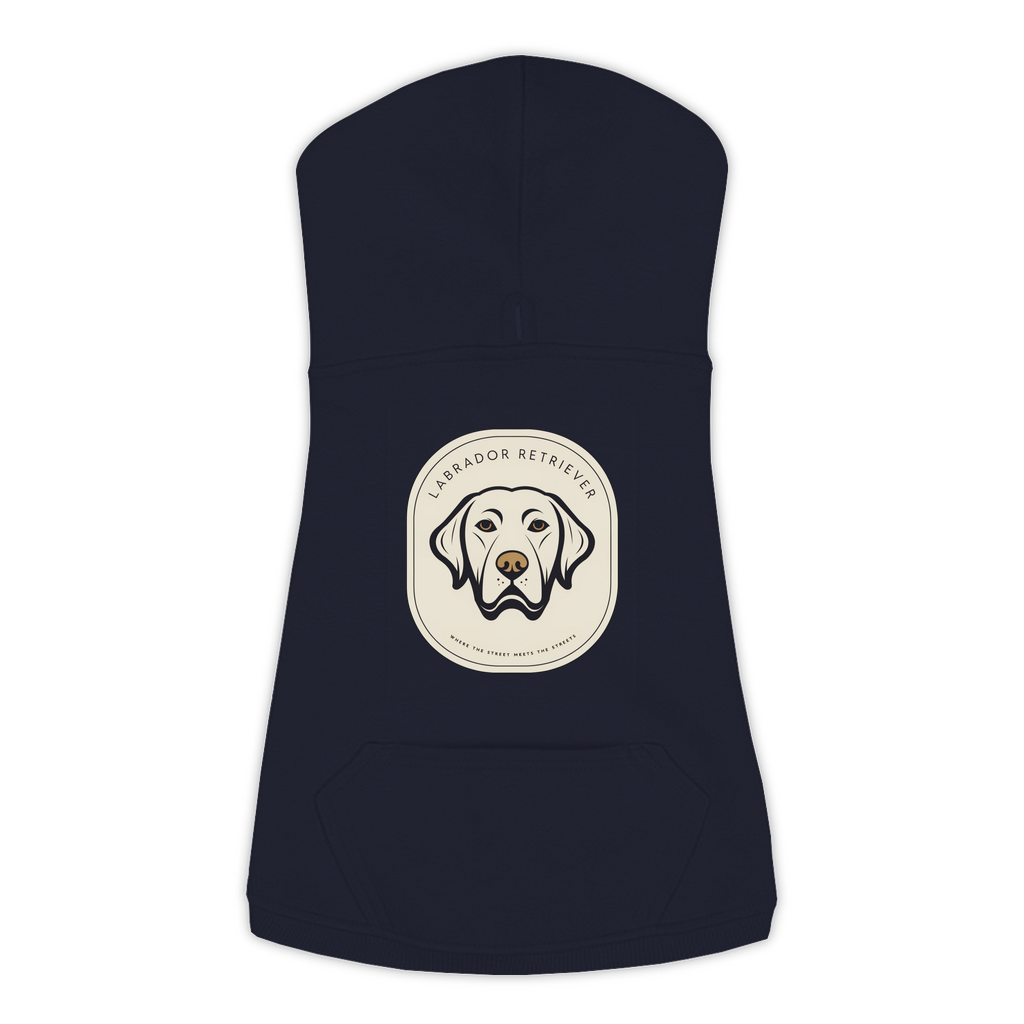 Labrador dog hoodie in Navy — gold crest emblem print on cosy fleece pullover