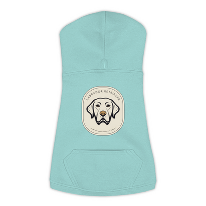 Labrador dog hoodie in Saltwater — gold crest emblem print on cosy fleece pullover