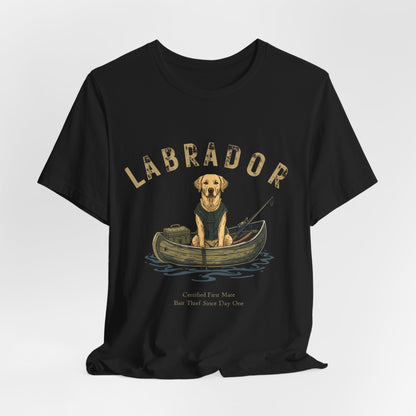 Labrador Fishing Buddy t-shirt worn by model, lifestyle shot