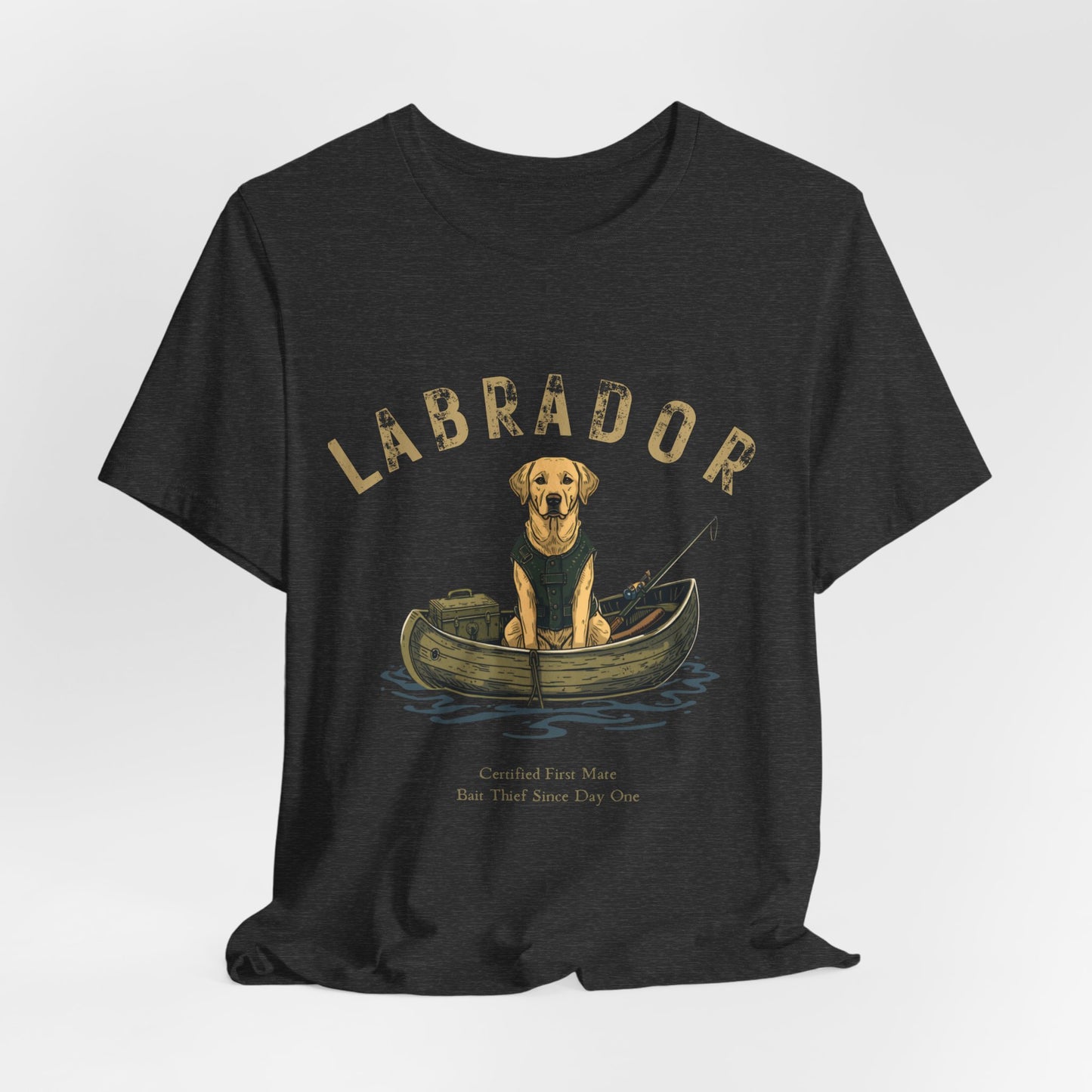 Labrador Fishing Buddy t-shirt worn by model, full body shot