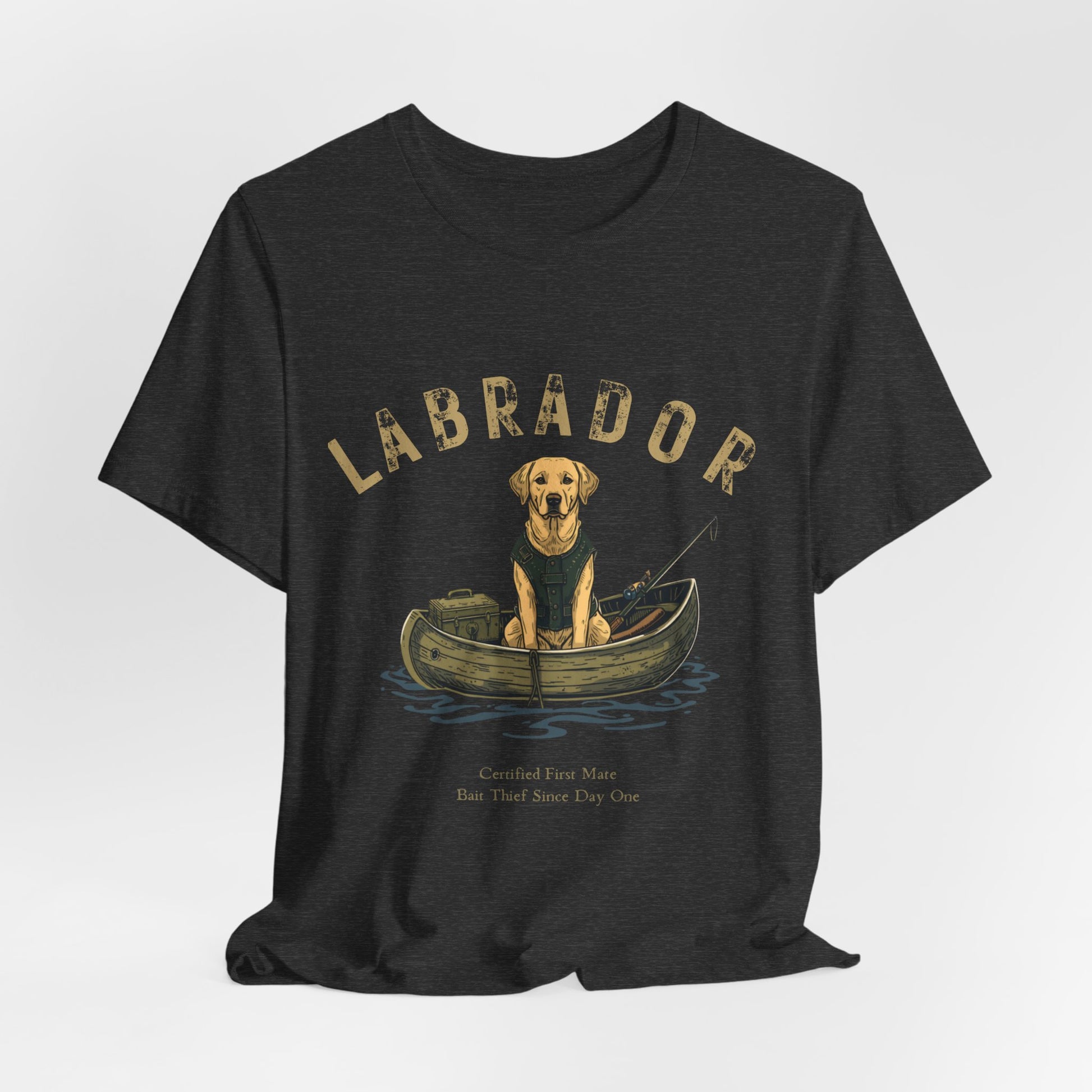 Labrador Fishing Buddy t-shirt worn by model, full body shot