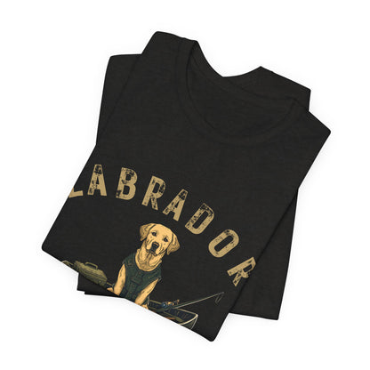 Labrador Fishing Buddy t-shirt worn by model, outdoor setting