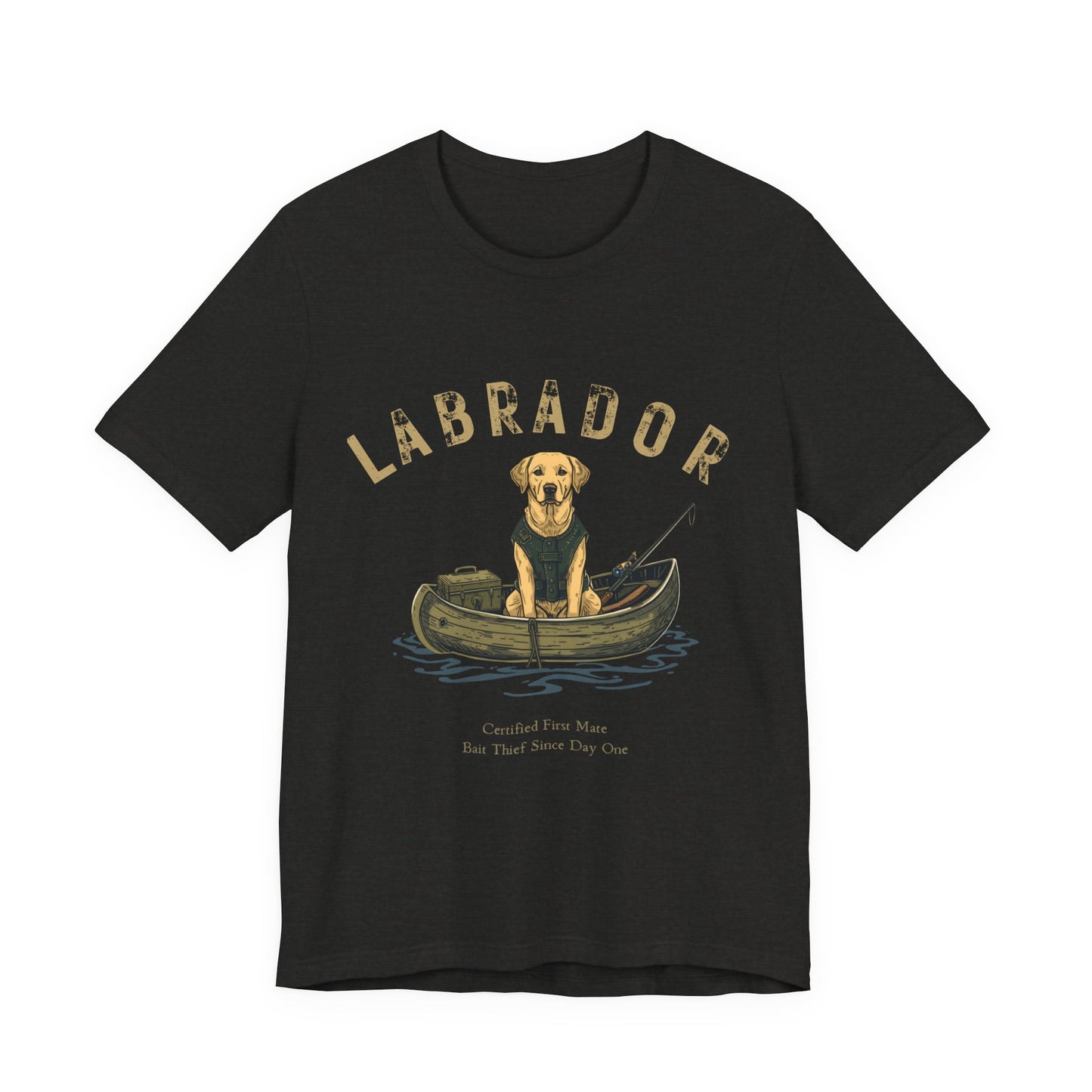 Labrador Fishing Buddy t-shirt worn by model, three-quarter view