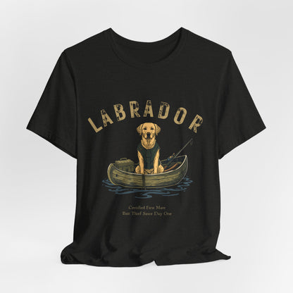 Labrador Fishing Buddy t-shirt, design print detail close-up