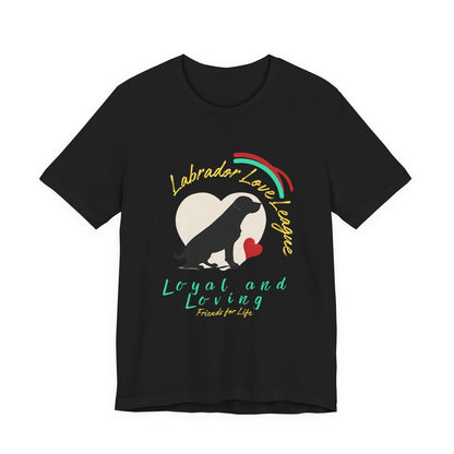 Labrador Love League t-shirt in Black — black Lab heart graphic tee, front view