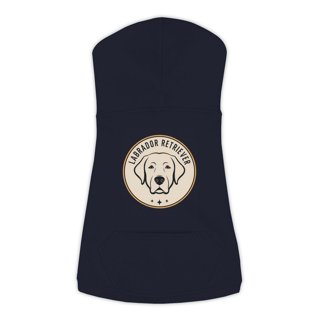 Labrador Retriever dog hoodie in Navy — vintage roundel badge print on cosy fleece pullover, 2XL