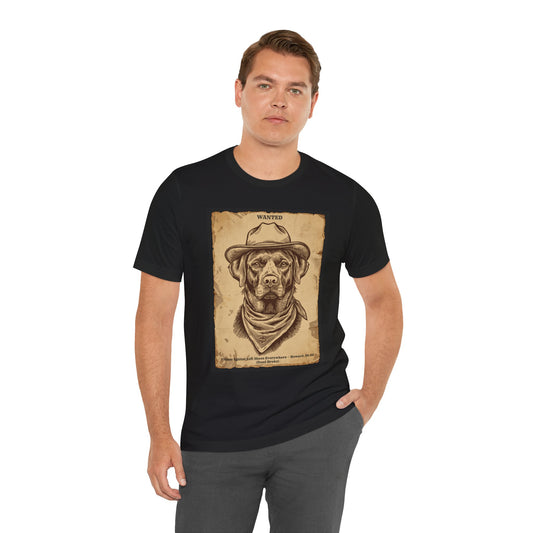 Labrador Wanted Outlaw t-shirt front view on model