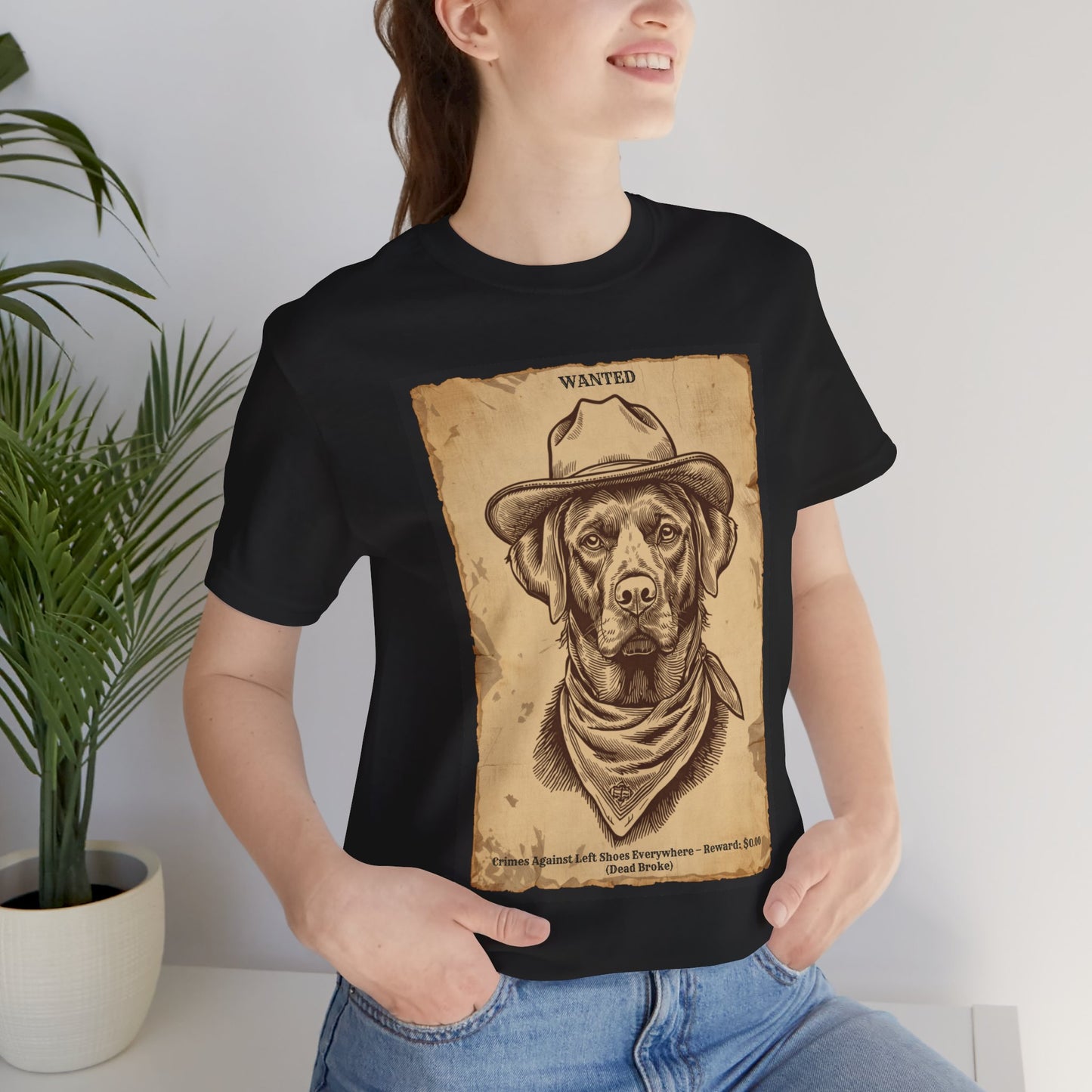 Model wearing the Labrador Wanted Outlaw tee, side angle