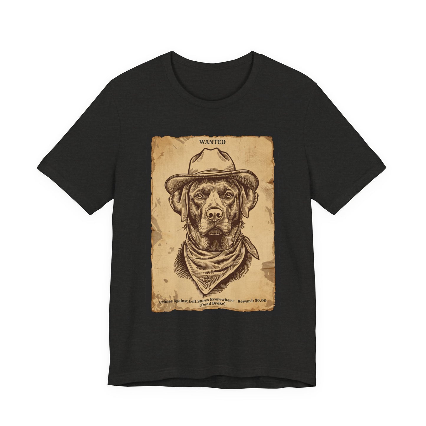 Model wearing the Labrador Wanted Outlaw tee, front pose