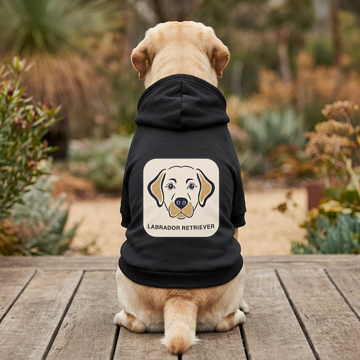 Labrador wearing the black Labrador Retriever Dog Hoodie, back view — SniffWaggleNWalk™