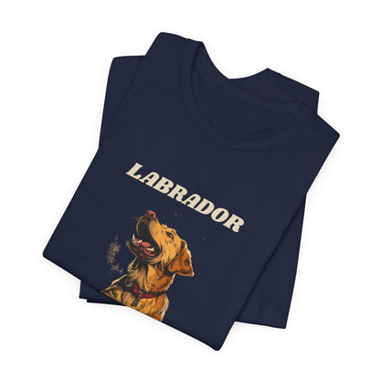 Model wearing Labrador World Tour t-shirt, pose two