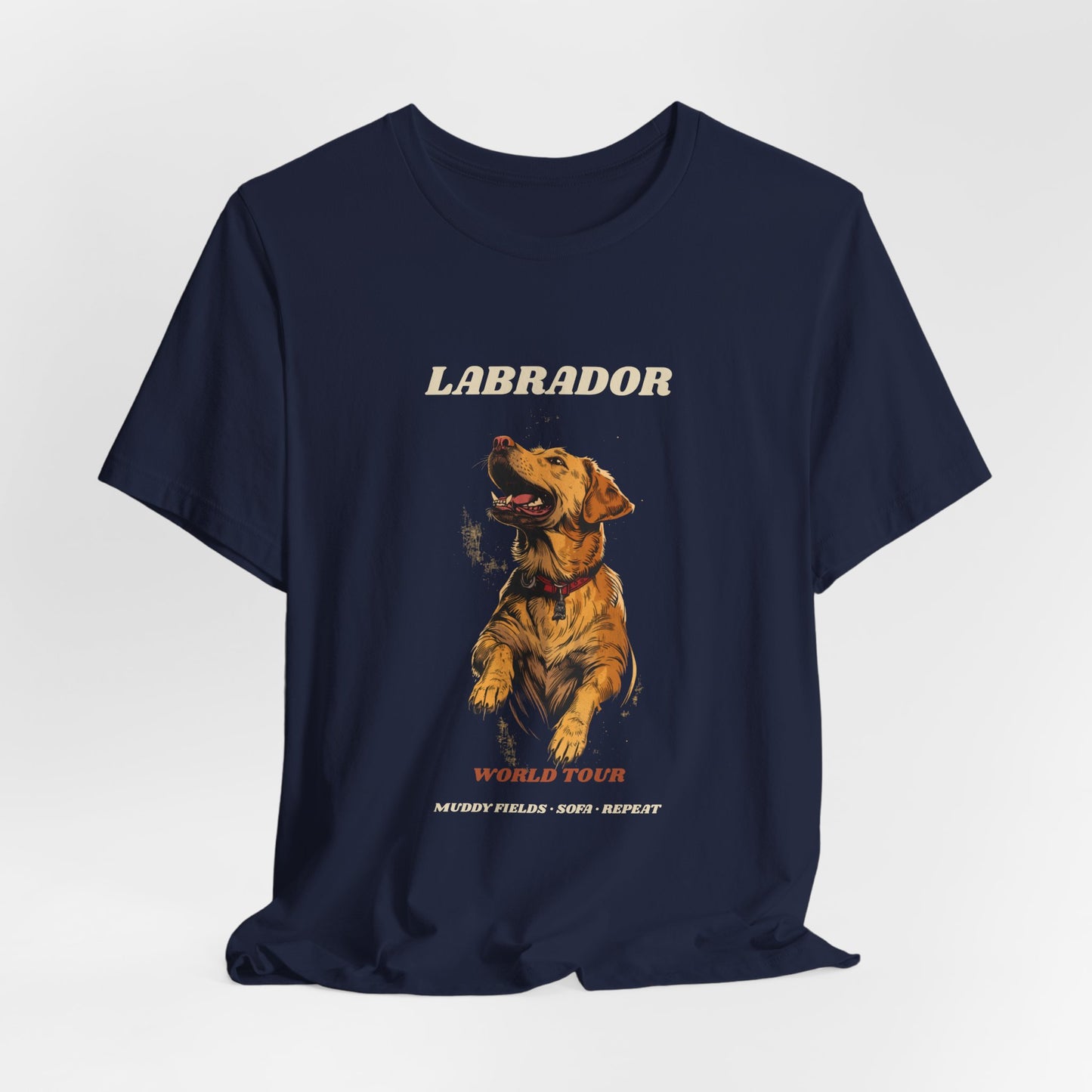 Model wearing Labrador World Tour t-shirt, pose three