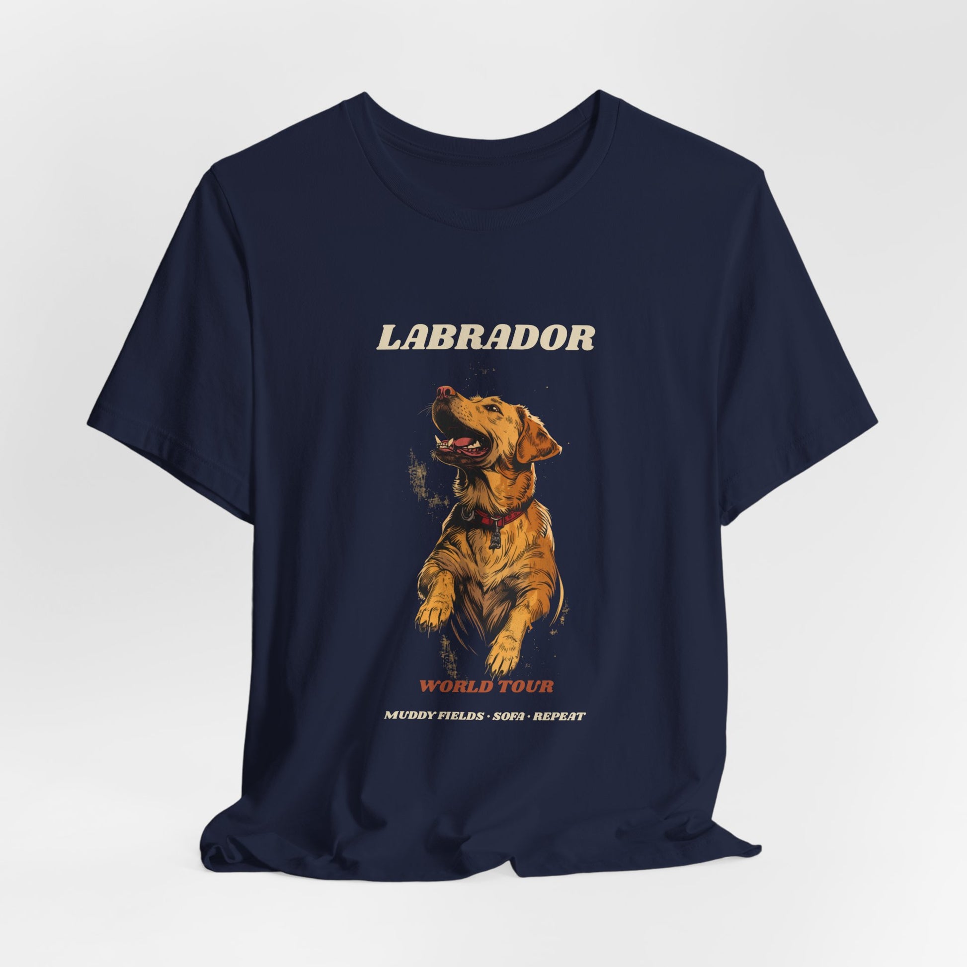 Model wearing Labrador World Tour t-shirt, pose three