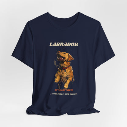 Model wearing Labrador World Tour t-shirt, pose three