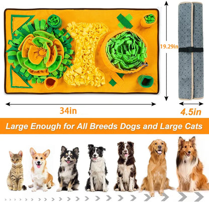 Large Snuffle Mat with treats hidden between fabric strips — SniffWaggleNWalk
