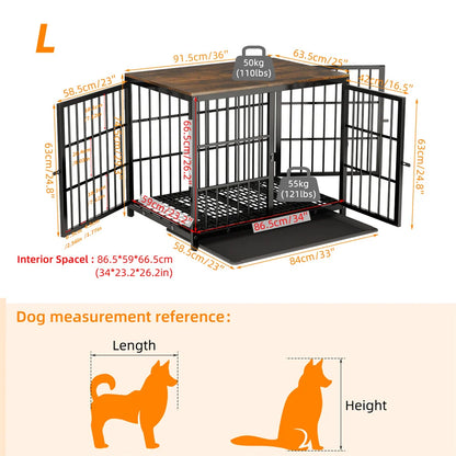 Dog crate with dimensions and measurement reference on a white background