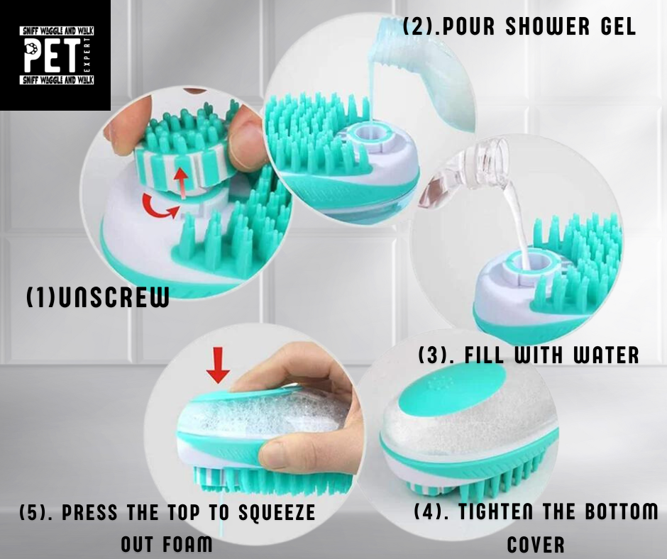 LatherPaw foaming massage brush being used to bathe a dog