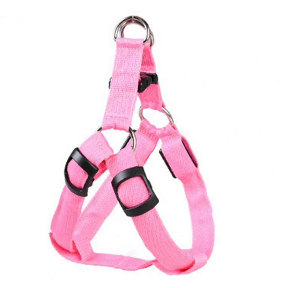 NightStrider™ LED dog harness in Pink, front view — SniffWaggleNWalk™