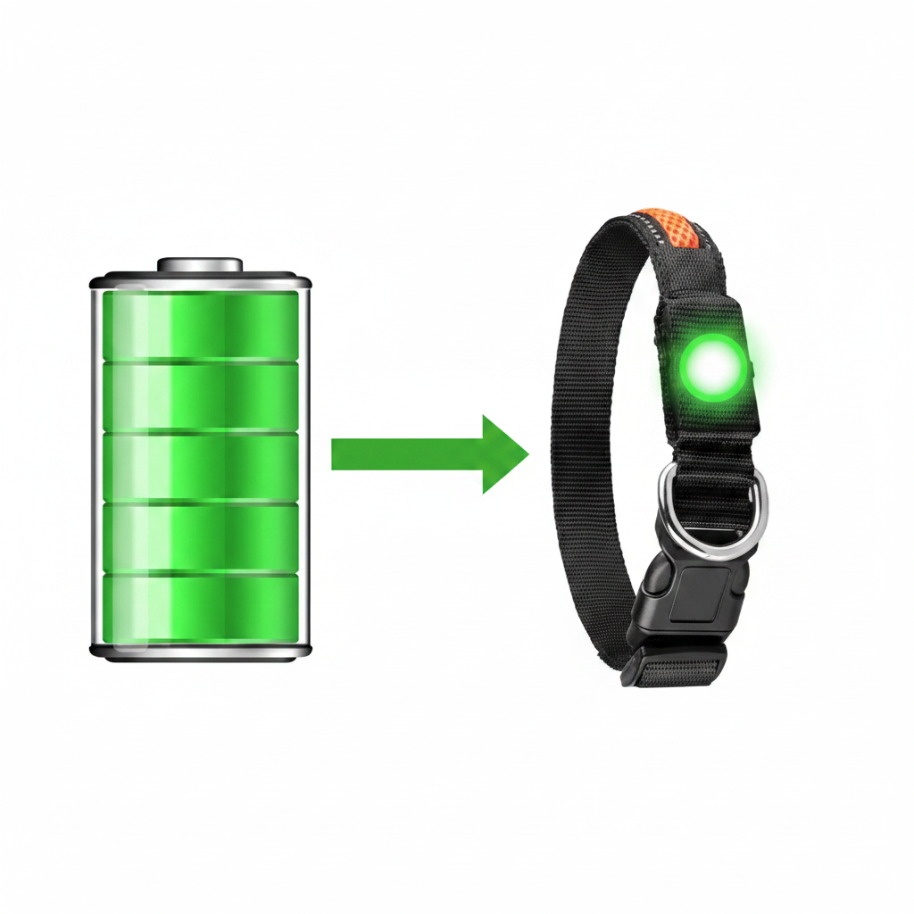 Four PawGlow™ LED dog collars in green, blue, pink and orange daylight view showing mesh strip and power button buckle