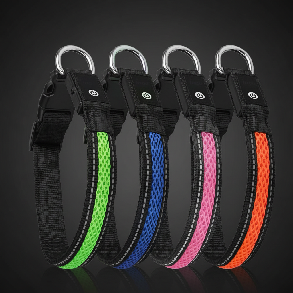 SniffWaggleNWalk PawGlow™ LED dog collar charging indicator — green light on buckle showing fully charged status