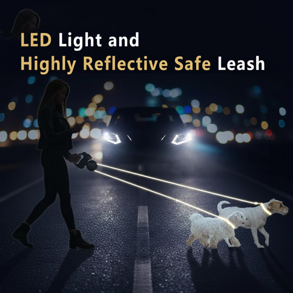 Person walking two dogs on a leash with LED lights at night
