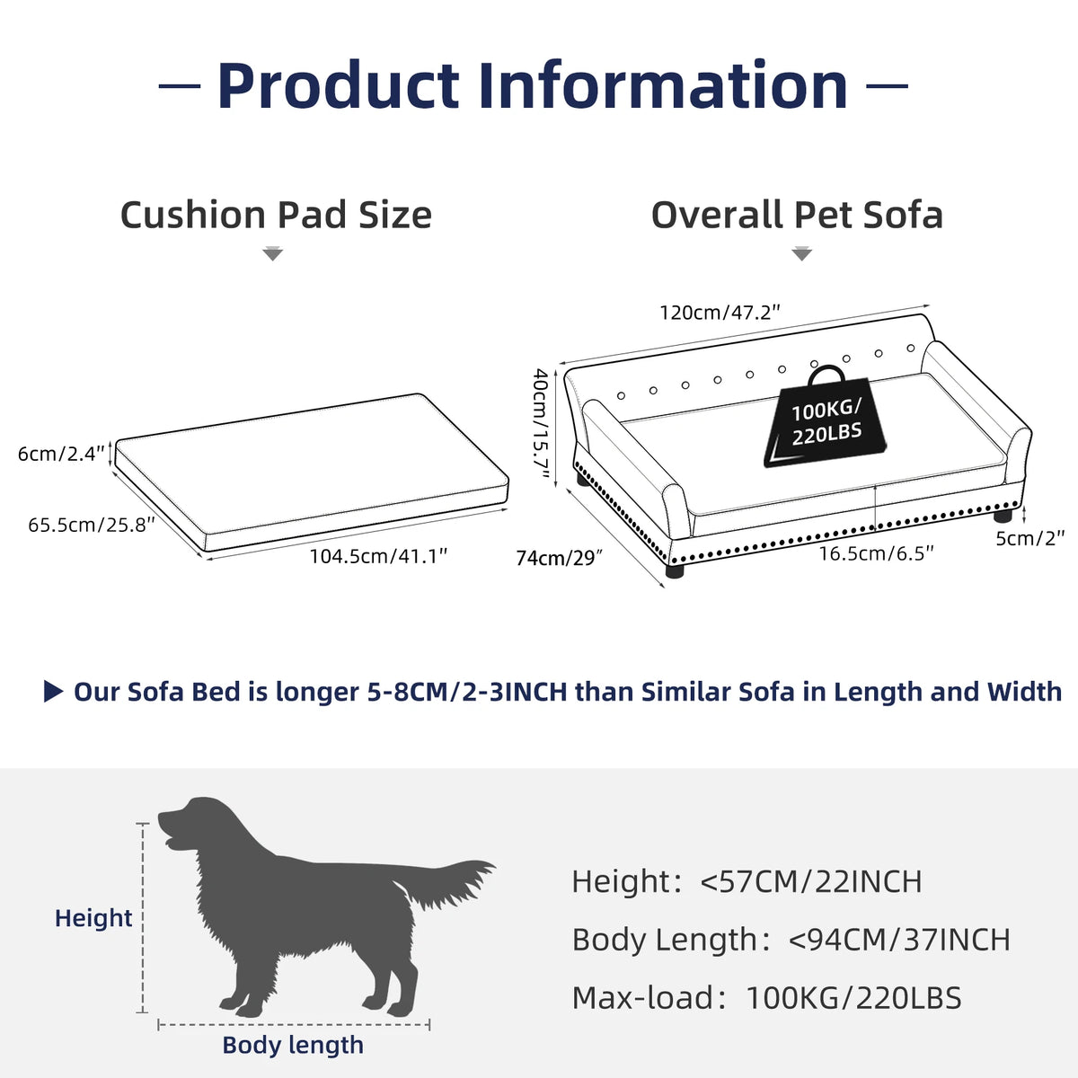 Product dimensions infographic - Grand Pawdiere XL dog sofa 120x74x40cm