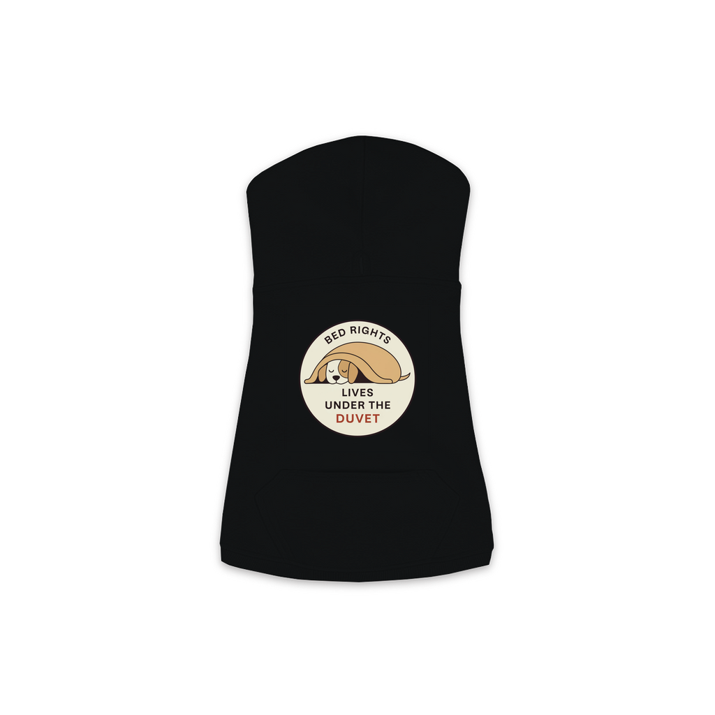 Lives Under The Duvet dog hoodie in black, sizes XS to M