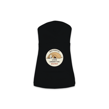 Lives Under The Duvet dog hoodie in black, sizes XS to M