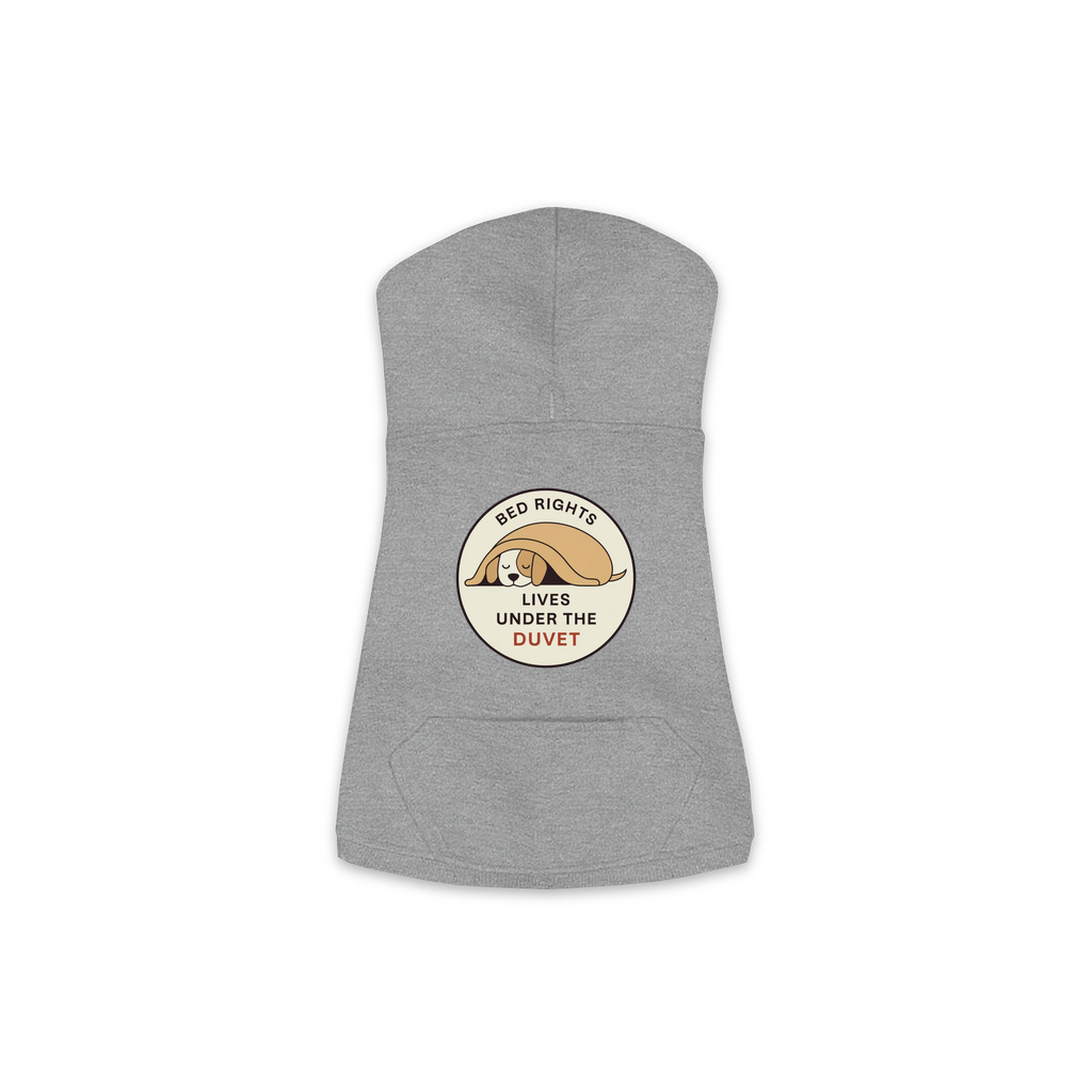 Lives Under The Duvet dog hoodie in granite heather grey, sizes XS to M