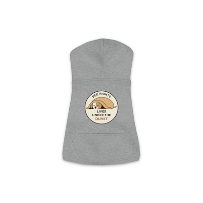 Lives Under The Duvet dog hoodie in granite heather grey, sizes XS to M