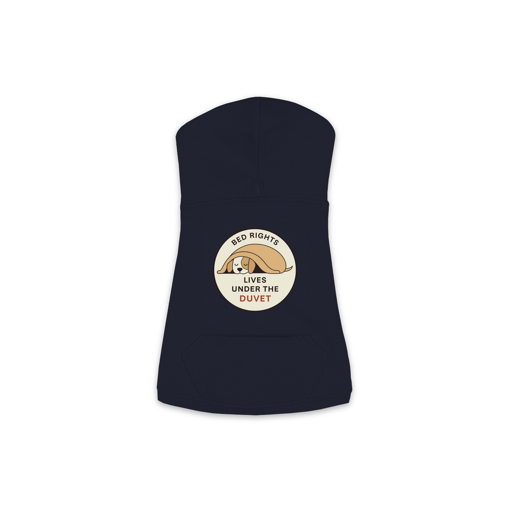 Lives Under The Duvet dog hoodie in navy, sizes XS to M