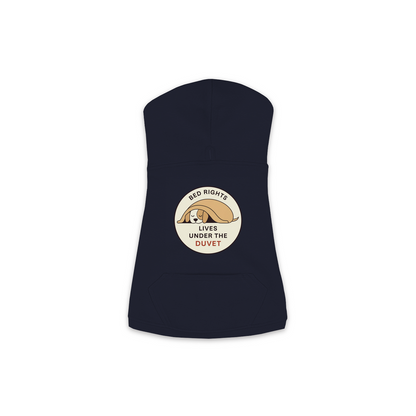 Lives Under The Duvet dog hoodie in navy, sizes XS to M