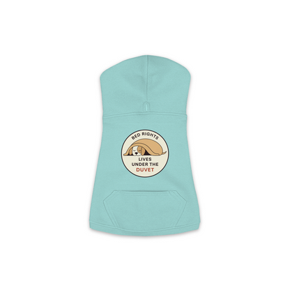 Lives Under The Duvet dog hoodie in saltwater blue, sizes XS to M