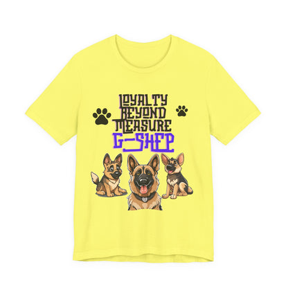Loyalty Beyond Measure German Shepherd t-shirt in Yellow, flat lay front view
