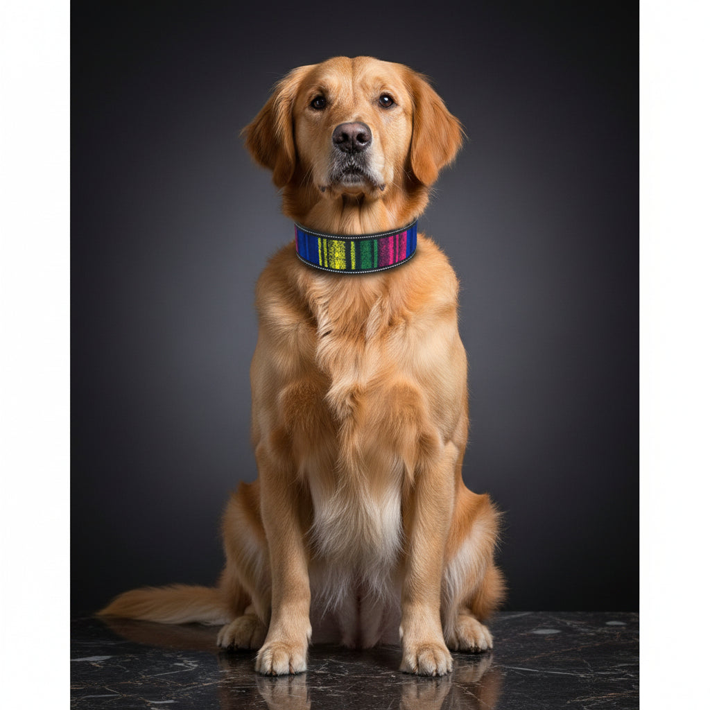 Dog wearing a colorful collar in a park setting