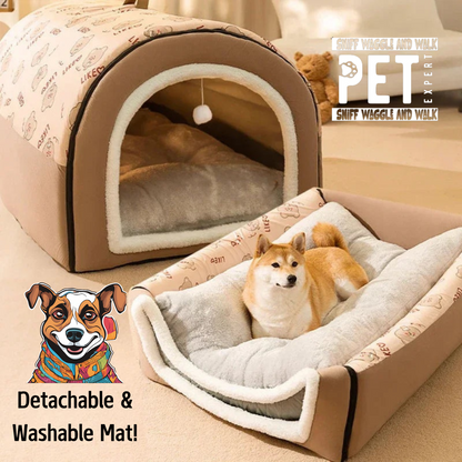 Luxury Big Dog Kennel cotton cave bed, brown, front view — SniffWaggleNWalk