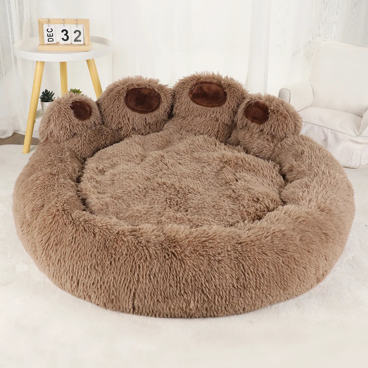 Labrador sleeping on PoshPup PawCloud bear paw plush dog bed in brown — SniffWaggleNWalk